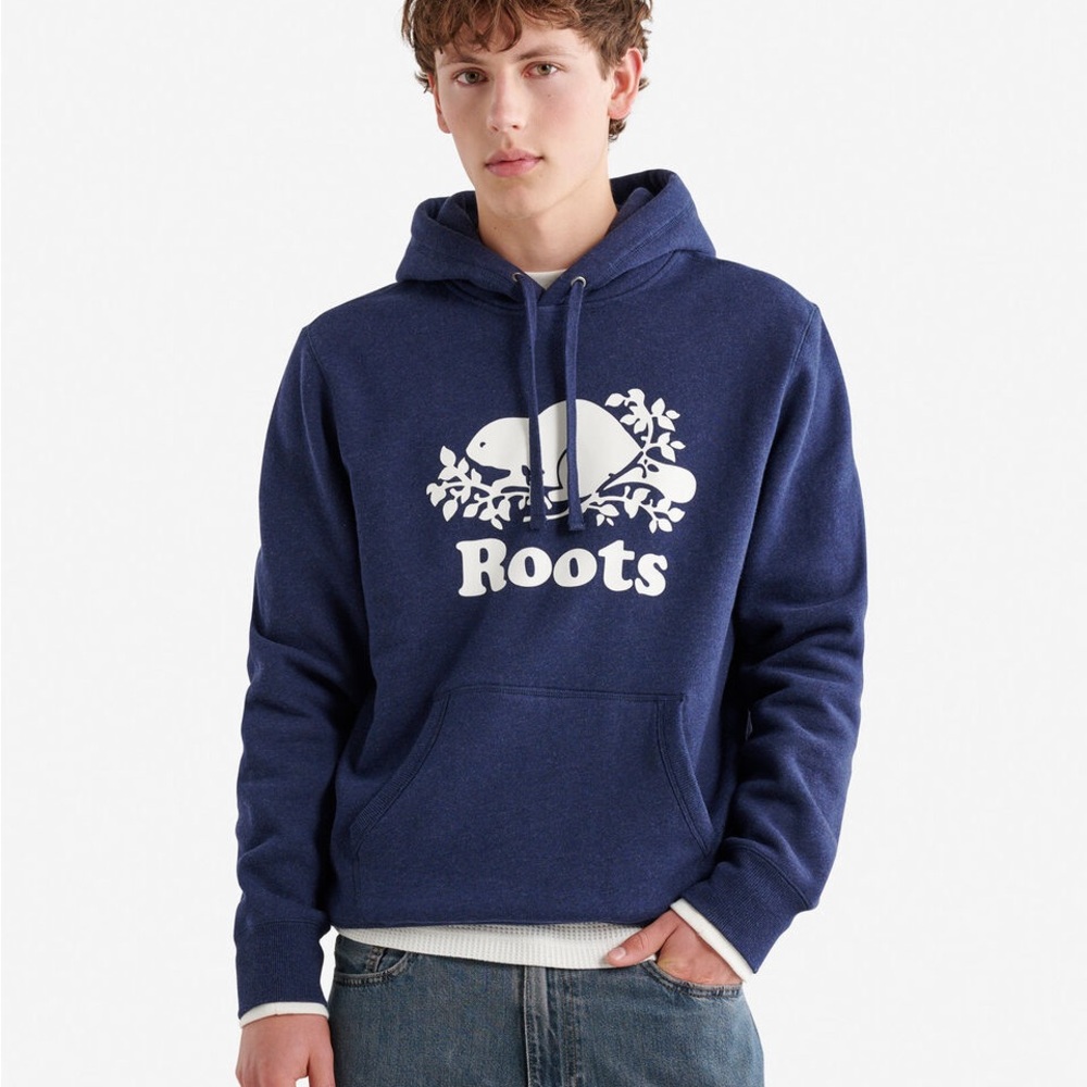 Roots Organic Men’s Hoodie | Pullover - Navy | Beaver Logo Sweatshirt Size XL